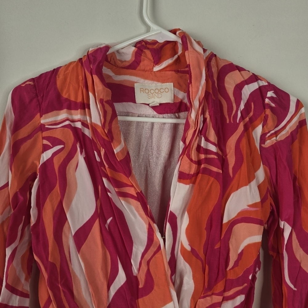 Rococo Sand Emily Mini Wrap Dress XS Tassels Ruffles Pink/Orange Swirl Print - Picture 7 of 16